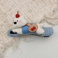 Close-up of cute plush bear hair claw with blue striped shirt and cherry detail - White Dog Lazy Hair Clip