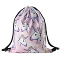 Détail du sac à cordon avec motif licorne sur fond étoilé violet et cordes de serrage - Style Licorne Dessin Animé (SKD27037)