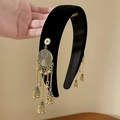 Ethnic style black velvet headband with vintage gold metal fringe and bell pendants - Double Side Tassel Headband / Black