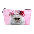 Pink cosmetic pouch featuring 3D printed cat with rose wreath and black zipper closure - Pink