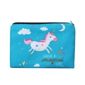 Detailed close-up of blue 3D unicorn print makeup bag with durable black zipper closure - White