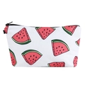 Detail of summer watermelon print makeup bag showing fabric texture and black zipper - Red