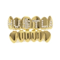 Hustle letter hip hop teeth grills in gold plating with white rhinestone inlay set - Gold Set (HUSTLA and Smooth Surface)