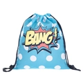 Light blue drawstring backpack with white polka dots and comic style BANG print - Light Blue Polka Dot Comic Style (skd27064)