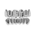 Silver hip hop teeth grillz set with crystal hustle letters for upper and lower teeth - Silver Set (HUSTLA and Smooth Surface)