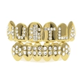 Golden hip hop teeth grills set with Hustle lettering in sparkly crystal rhinestones - Gold Set (HUSTLA and 28 Diamonds)
