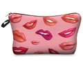 Detail view of pink makeup bag with red lip prints and secure top zipper closure - Red Lips Print Style (hzb792)
