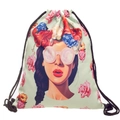 Drawstring backpack featuring floral wreath girl print and black ropes on light green base - Fashion Portrait Style (SKD27070)