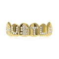 Gold-plated hip hop grillz featuring HUSTLA text design with shiny white rhinestones - Gold Top Grill (HUSTLA)