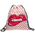 Drawstring backpack featuring red lips digital print and classic red polka dot pattern - Red Lips Polka Dot Style