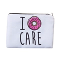 Close-up of I Donut Care 3D print on white canvas makeup bag with black zipper detail - Donut Pattern Style (fxhzb739)