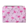Detail of pink polka dot makeup bag with 3D flamingo print and black top zipper closure - Pink Flamingo (fxhzb746)