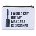 Detail van canvas make-uptas met mascara-tekstprint en stevige zwarte ritssluiting - Wit