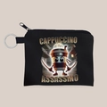 Portamonete in tela nera con stampa Cappuccino Assassino e anello portachiavi - Stile Tazza di Caffè Ninja Sfondo Edificio (Cappuccino Assassino) / Nero