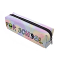 Detail view of 3D alien print rainbow Oxford stationery bag with top zipper and school motifs - Rainbow Tie-Dye Alien Style (Bd805)