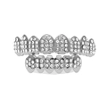 Silver-colored hip hop teeth grills set with sparkling stones on a clean white background - Silver Set (8 Teeth Inlaid and 28 Diamonds)
