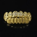 Hip hop gold plated grillz set featuring sparkling cross design and iced out rhinestones - Gold Set (Cross Design and Smooth)