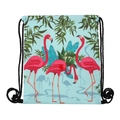 Drawstring backpack featuring tropical pink flamingo and palm leaf print on light blue base - Tropical Flamingo Print (skd29031)
