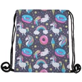 Drawstring backpack with unicorn and rainbow patterns on dark grey polyester material - Cartoon Unicorn Print (SKD29037)