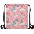 Detailed view of pink drawstring bag with cartoon unicorn, rainbow and cloud patterns - Pink Unicorn