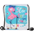 Detail of cartoon flamingo on blue and white drawstring bag with Scooter Love print - Flamingo on Scooter (skd29040)