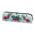 Close-up of Flamingo oxford makeup bag with tropical leaf print and black zipper seal - Light Blue Flamingo Tropical Plant (Bd816)