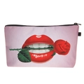 Détail de la trousse de maquillage lavande avec imprimé lèvres et rose et zip noir - Style Lèvres Rouges Rose (hzb865)