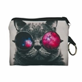 Detailed close-up of a square canvas coin purse with digital cat print and metal keychain - Sunglasses Galaxy Cat (lqb3001)
