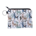 Detailed macro view of canvas coin purse with colorful alpaca print and metal key ring - Alpaca Style (lqb3012)