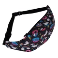 Detailed view of women's fanny pack with colorful unicorn and rainbow digital prints - Black Cartoon Fun Print (yab945)