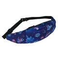 Detail view of a navy blue waist bag with mystic eye and crystal prints and zipper - Dark Blue Mystic Symbol Print (yab933)