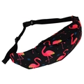 Detail of adjustable black strap and plastic buckle on flamingo print waist bag - Black Pink Flamingo Print (yab944)