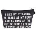 Detail view of black canvas makeup bag with white funny eyelash quote and zip closure - Lashes Humorous Quote Style (hzb843)
