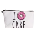 Detail of canvas makeup bag with I Care donut print and black top zipper closure - Creative Donut (hzb834)
