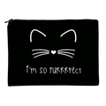 Black canvas cosmetic bag featuring a white smiling cat print and PURRRfect text - Cat Print