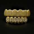 Ensemble de grillz hip-hop dorés avec texture quadrillée et accents de cristal brillant - Ensemble Or (Grille Haut + Glacé Bas)