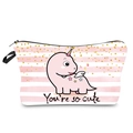 Detail of pink striped waterproof makeup bag with a cute cartoon dinosaur and small handle - Pink and White Striped Dinosaur Style (hzb945)