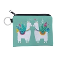 Detail view of mint green llama coin purse with durable fabric and metal keychain - Mint Green Llama Print (lqb3011)