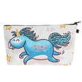 Detalle del estampado de unicornio azul en un neceser de lona color crema - Estampado de Unicornio Azul Corriendo (hzb874)