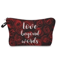 Detail van make-uptas met rode rozenprint, Love beyond words tekst en handvat - Rode Rozenprint (hzb920)