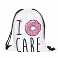 White drawstring storage bag with donut print and I CARE graphic text design - Donut Print Style (skd27030)