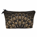 Detail view of Mandala floral print on black fabric makeup bag with golden zipper closure - Gold Edged Mandala Black Base (hzb976)
