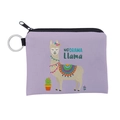 Detail of lavender alpaca coin purse with No Drama Llama print and metal keychain - Light Purple Cartoon Llama (lqb3029)