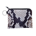Macro detail of waterproof snake print coin purse with silver keychain ring and black zipper - Snake Print Style (lqb3026)