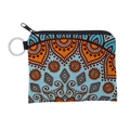 Macro detail of waterproof mandala coin purse with durable zipper and metal keyring - Light Blue Orange Ethnic (lqb3053)
