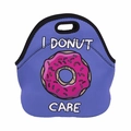 Detailed view of purple neoprene lunch bag with donut print and cutout handle - Donut Quote (WCB709)