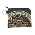 Waterproof mandala coin purse with ethnic floral pattern and metal keychain ring - Navy Beige Mandala (lqb3041)