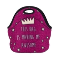 Detail of glitter pink lunch bag with crown design and This Bag Is Making Me Awesome text - Glitter Crown (WCB713)