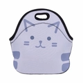 Detail view of purple cat printed neoprene lunch bag with durable oval handle grip - Purple Cartoon Cat (WCB716)