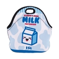 Close-up of neoprene lunch bag with blue cow print and cute milk carton graphic - Cow Spots (WCB717)